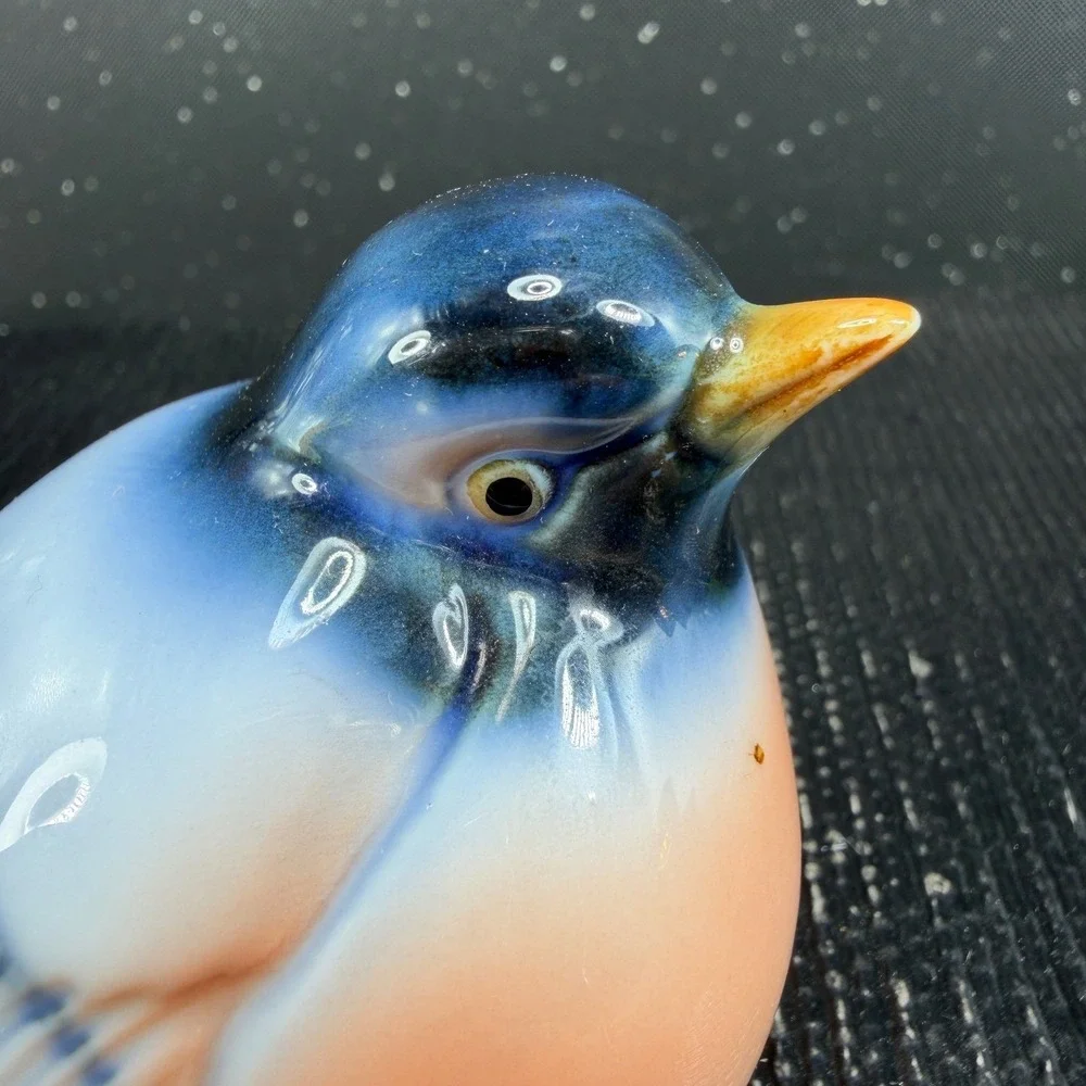 Vintage Chubby Blue Bird Porcelain Figurine Round Glossy Glazed Figure 2.5 inch